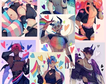 May include: A collage of digital art featuring characters with horns, wings, and various pride flags. The characters are depicted in a variety of poses and outfits, surrounded by hearts. The color palette includes pink, blue, and rainbow hues.