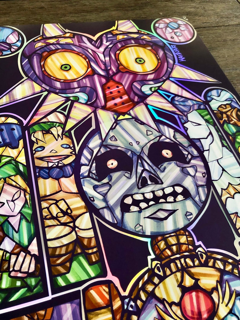 May include: A stained glass style illustration of characters from the Legend of Zelda video game series. The image features Link, Ganondorf, and Majora's Mask. The background is a dark purple with iridescent accents.