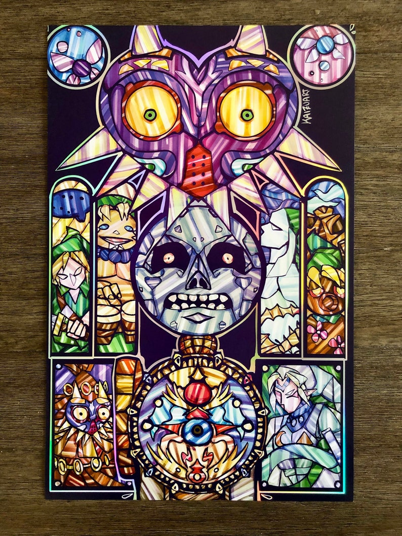 May include: A stained glass style illustration of characters from the Legend of Zelda video game series. The image features Majora's Mask, Link, Skull Kid, and other characters. The image is set against a dark background and has a vibrant color palette.