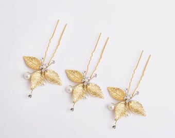 ARIA Bohemian Gold Leaf Hair Pins, Bridal Headpiece, Wedding Hairpins, Wedding Hair Comb, Bridal Hair Adornment, Gold Hair Pins