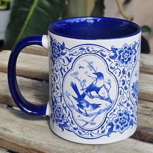 Blue and White Bird and Flowers Mug - Blue Handle and Inside