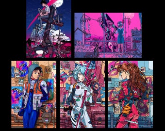 Complete Eva Set - Neon Genesis - 12 x 18", illustration, wall art, poster print, anime, art, shinji, rei, poster, asuka