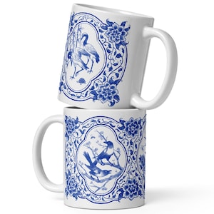 Blue and White Bird and Flowers Mug - White