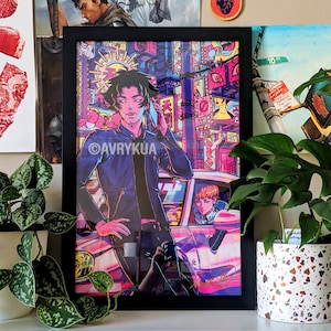 May include: A framed print of a colorful illustration of a man in a blue jacket standing in front of a pink car in a neon-lit city. The artwork is signed "@AVRYKUA".