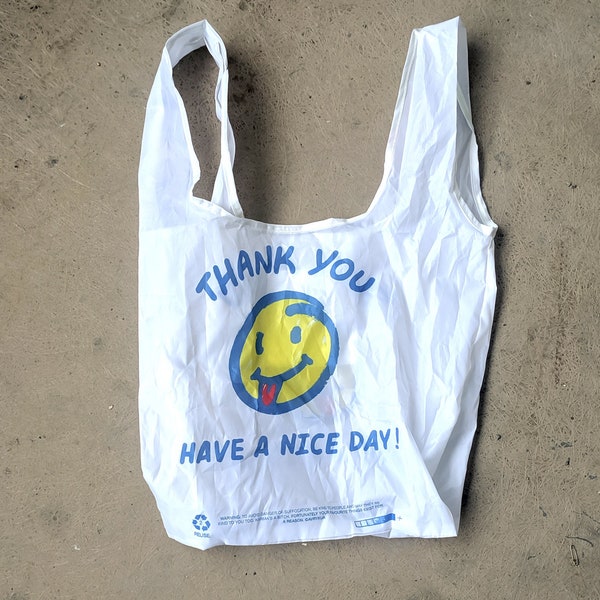 02 REUSE - Reusable Smiley Thank You grocery or shopping bag - white foldable nylon eco tote