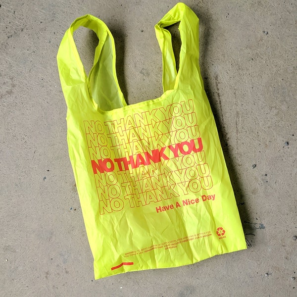 01 REDUCE - Reusable No Thank You grocery or shopping bag - yellow foldable nylon eco tote