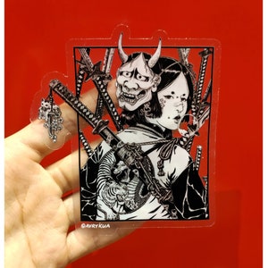 Jigoku - Clear Matte Vinyl sticker -  hell, hanya mask, katana, girl, woman, japan, black, white, transparent, decor, bumper, art