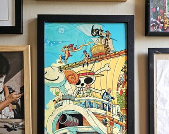 Puede incluir: Una ilustración colorida de un barco pirata con una calavera y huesos cruzados en la vela. El barco está rodeado de personajes del anime One Piece, incluyendo Luffy, Zoro, Nami y Usopp. El barco navega en un mar azul con un gran pez azul en el fondo. La imagen está enmarcada en negro y tiene el texto "@AVRYKUA" en la esquina inferior derecha.