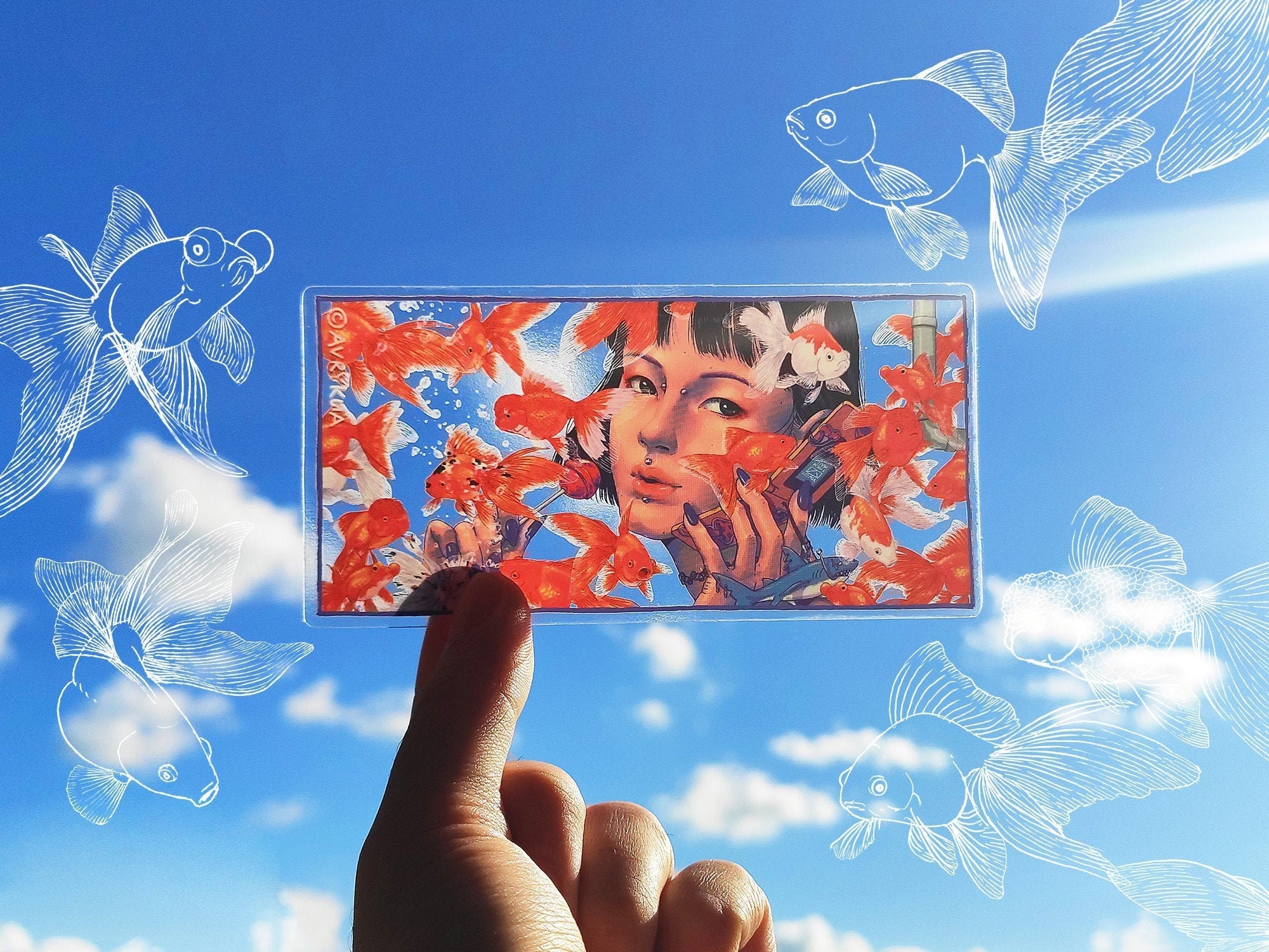Sharktank - Clear Vinyl Sticker - goldfish, girl, cellphone, aquarium, transparent, cute, fish, swim, water, candy, shark, fish tank