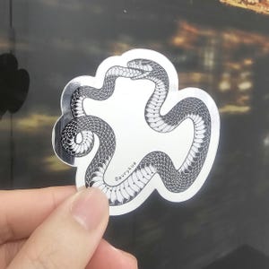 May include: A silver sticker featuring a black and white illustration of a snake biting its own tail. The sticker is cloud-shaped and has the text "Davrykua" printed on it.