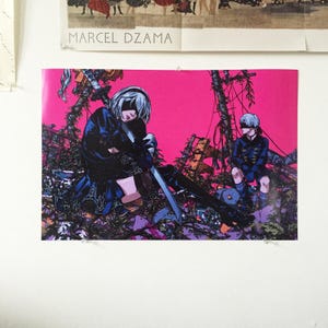 Festival Grounds - Yorha 2B & 9S - NieR: Automata - 12x18", 16x24" poster - illustration, wall art, poster print, anime, gaming, pink