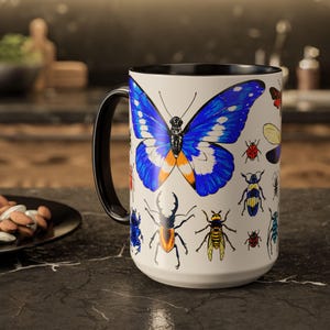 Primary Colours Bug Mug -  Red and Blue Colour Contrast Ceramic Cup with Handle - 2 Sizes