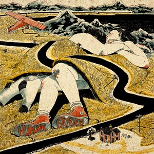 May include: A digital illustration of a couple lying on a grassy hill with a winding road and the words "HUMAN STORIES" on the couple's feet. The couple are wearing red shoes and the background is a landscape with a small house and a plane flying overhead.