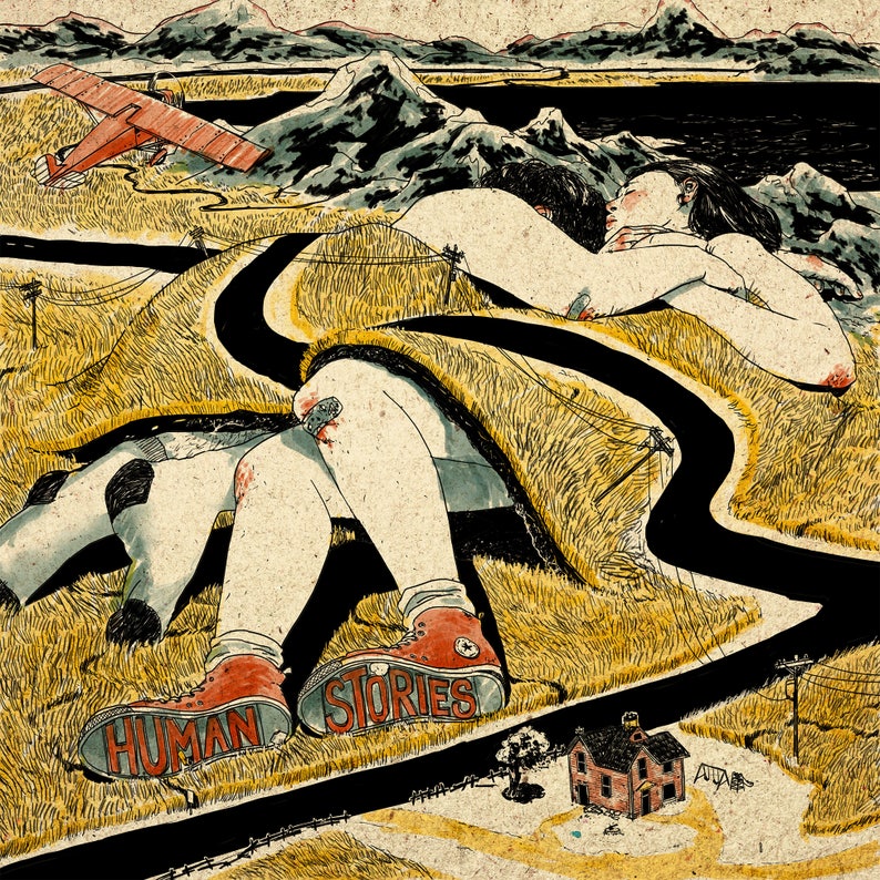 May include: A digital illustration of a couple lying on a grassy hill with a winding road and the words "HUMAN STORIES" on the couple's feet. The couple are wearing red shoes and the background is a landscape with a small house and a plane flying overhead.