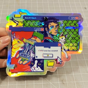 Stray Error - ホログラフィック グリッチ ステッカー、猫、虹、反射、イワシ、コンピューター、窓、反射、Avrykua、Vaporwave、ホロ、キャットボーイ