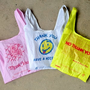 Thank You Plastic Bag Set - 3 reusable foldable nylon grocery totes