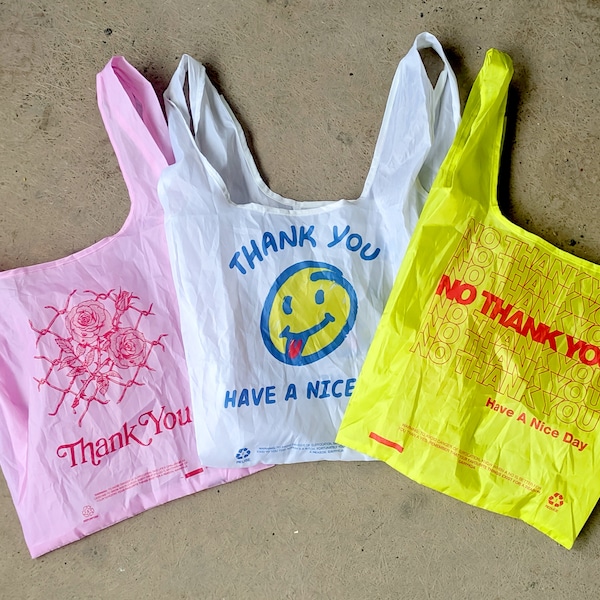 Thank You Plastic Bag Set - 3 reusable foldable nylon grocery totes