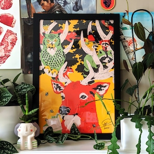Impresión de leche - 12x18" Diseño original, arte de pared, cartel, ciervo, bosque, arte, ilustración, decoración, impresión, animal, búho, colorido