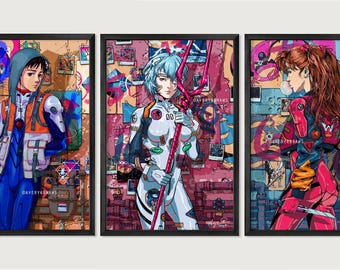 Eva Pinup Set - Neon Genesis - 12 x 18", 16x24", 24x36" illustration, wall art, poster print, anime, art, shinji, rei, poster, asuka