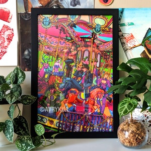 Roundabout - 12x18&quot;, 16x24&quot;, 24x36&quot; Framed or Unframed Poster -  illustration, wall art, anime, fine art print, stand, neon, carousel