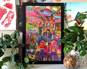 Roundabout - 12x18", 16x24", 24x36" Framed or Unframed Poster -  illustration, wall art, anime, fine art print, stand, neon, carousel