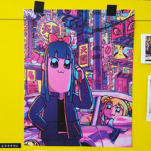 May include: A colorful illustration of a cartoon character with large eyes and pink skin wearing a black leather jacket and a blue bow. The character is standing in front of a car with a pink interior and a cartoon character with yellow hair and large eyes in the driver's seat. The background is a cityscape with neon signs and Japanese text.