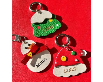 Personalized Leather Dog Tag - Santa Hat, Tree, Snowman