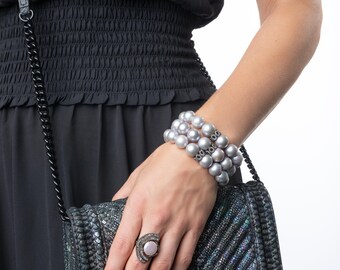 Pave Diamond and  Grey Akoya Pearl Bracelet