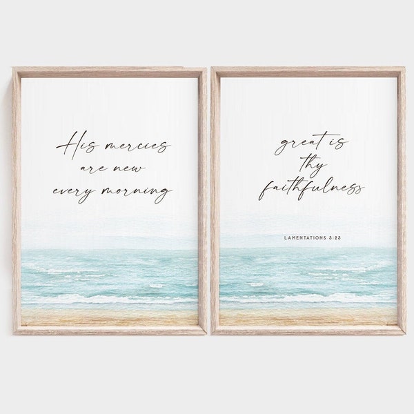 His Mercies Are New Every Morning Lamentations 3 23 Set of 2 Bible Verse Wall Art Print Scripture Printable Beach House Nursery Baptism Gift