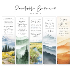 May include: Set of 5 printable bookmarks with watercolor landscape designs and inspirational quotes. Each bookmark features a different scenic view and a corresponding Bible verse. The text "Printable Bookmark" is at the top.