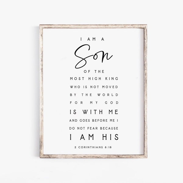 i am the son of a king print,2 Corinthians 6:18 Scripture printable Bible verse wall art print minimalist scripture baby boy nursery sign