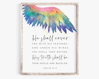 Psalm 91:4 He shall cover you with His feathers Bible Verse Wall Art Print Christian Modern Scripture Printable Baptism Rainbow Nursery sign