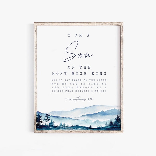 i am the son of a king print,2 Corinthians 6:18 Scripture printable Bible verse wall art print blue baby boy room nursery sign baptism gift