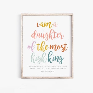 Soy hija de un rey (impresión), 2 Corintios 6:18, Arte mural con versículo bíblico para mujeres, Arte mural con versículo bíblico arcoíris para guardería de niña