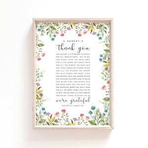 Un poema de agradecimiento para padres Imprimible Maestros de guardería Enseñanza Día del maestro Regalo de arte de pared Carta de agradecimiento al maestro Regalo de fin de año