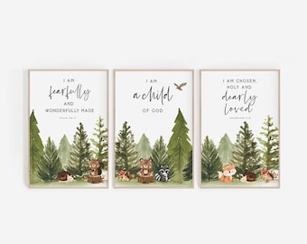 Kids Bible Verse Wall Art Set of 3 Scripture Printable Bible School Poster Child of God Christian Education Woodland Animal Nursery decor