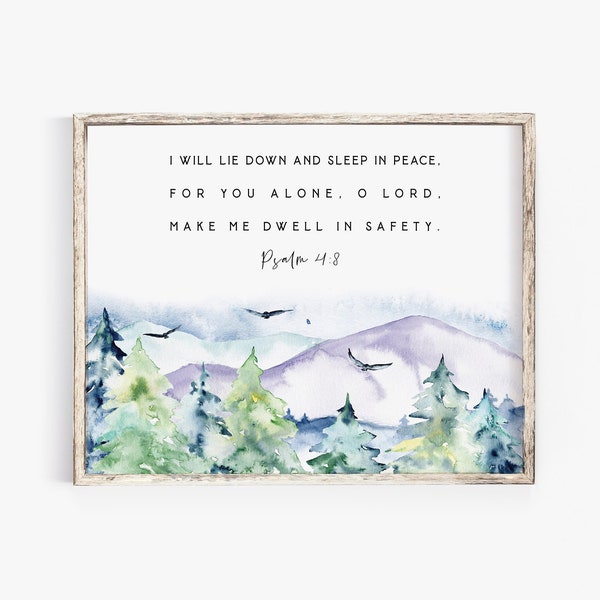 Psalm 4:8 I will lie down and sleep in peace Watercolor Bible Verse Wall Art o Lord Scripture Printable In peace I will lie down Shepherd