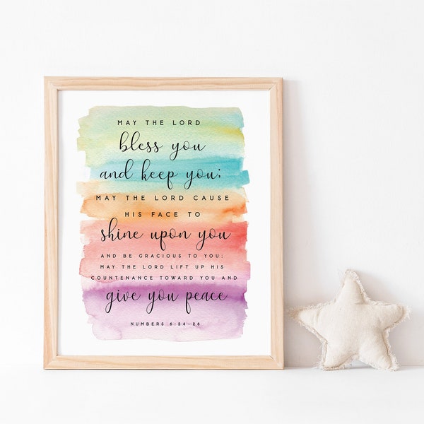 May the Lord bless you and keep you printable Numbers 6:24 Scripture printable Rainbow Bible verse wall print Nursery Baby sign