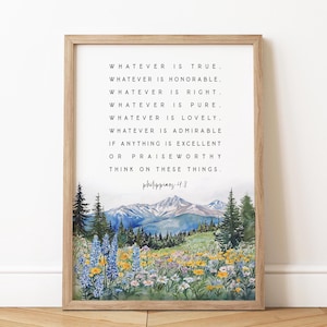 Philippians 4 8 Whatever is True sign Watercolor Bible Verse Wall Art Baptism Gift Modern Scripture Wall Art Printable Farmhouse Decor bible