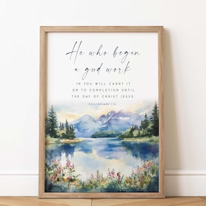 Philippians 1:6 He who began a good work Bible Verse Wall Art Baptism Gift Watercolor Scripture Wall Art Wall Nursery Biblical Wall Art