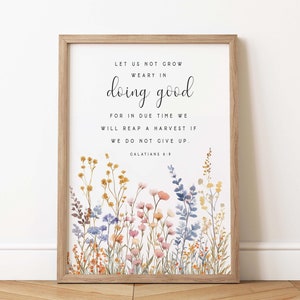 Gálatas 6:9 No nos cansemos de hacer el buen versículo bíblico Arte de la pared Imprimir Jesús cristiano Cosechar Escritura Regalo de bautismo imprimible