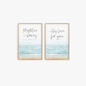 Mightier than the waves of the sea wall art set of 2 Psalm 93:4 Bible verse wall art print Scripture printable Beach house Baptism gift