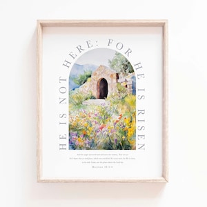 以下が含まれることがあります： 石のアーチと、その前にある花いっぱいの庭を描いた水彩画。アーチの周りに「彼はここにいません。彼はよみがえりました」という文字が書かれています。絵の下には「天使は答えて女たちに言った。『恐れるな。あなたがたは、十字架につけられたイエスを求めていることを、私は知っている。彼はここにいない。彼は、言ったとおりに、よみがえったのだ。さあ、彼が置かれていた場所を見なさい。』」という文字が書かれています。