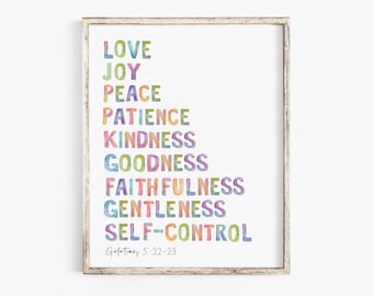 Fruit of the Spirit Wall Art Printable Sign Galatians 5 22 Rainbow Kids Bible Verse Print wall art Christian Nursery Scripture Printable