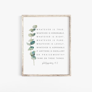 Philippians 4:8 Whatever is True sign Watercolor Bible Verse Wall Art Print Baptism Gift Modern Woman Scripture Printable Farmhouse Decor