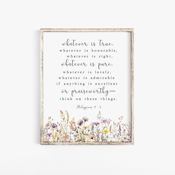 Philippians 4:8 Whatever is True sign Watercolor Bible Verse Wall Art Print Baptism Gift Modern Woman Scripture Printable Farmhouse Decor