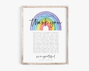 A Parents Thank You Printable Nursery Teachers Teaching Teacher's Day Wall Art Printable Gift Teacher Appreciation Letter End of Year gift