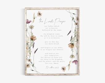 May include: A printable wall art print with a floral border featuring the Lord's Prayer in a white font on a white background. The text includes the words "our father which art in heaven, hallowed be thy name." and "Matthew 6:9-13".
