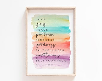 Arte de pared imprimible del fruto del Espíritu Gálatas 5:22 Arcoíris Niños Versículo bíblico Impresión Arte de pared Guardería cristiana Escritura imprimible