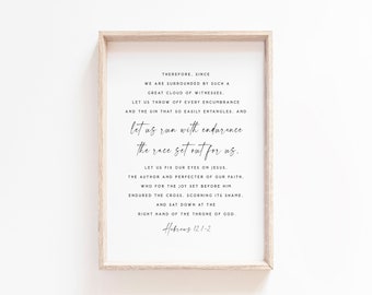 Hebrews 12:1-2 Let us Run With Endurance The Race Bible Verse Wall Art Print Baptism Gift Scripture printable baptism gift fix eyes on Jesus